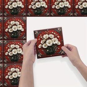 Resim 10 adet Vintage Çiçekli Kendinden Yapışkanlı Fayans Stickerları - Kolay Yapıştır & Soy, Su Geçirmez PVC Duvar Tabloları Mutfak Arka Duvar, Banyo, Yatak Odası, Merdiven Dekoru için - Kırmızı Beyaz Çiçeklerle, 3.94/5.91/7.87 İnç, 0.6mm Kalınlık 