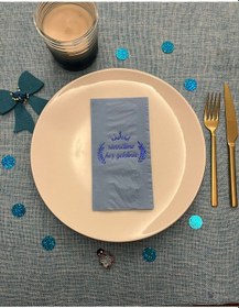 Resim Mavi Yaldızlı Gri Sünnetime Hoşgeldiniz Baskılı Garson Katlama Peçete 16 Adet 