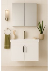 Resim Luna 65 Cm Ahşap Camlı Üst Modül Ve Seramik Lavabolu, Mdf Banyo Dolabı Takımı Beyaz 