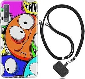Resim kilifland Samsung Galaxy A7 2018 ile Uyumlu Kılıf Silikon Desen Boyun Askılı Sevimli Canavarlar 1699 