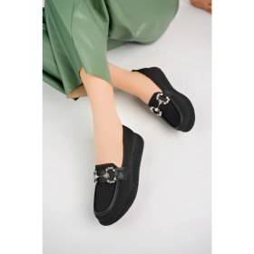 Resim Beyaz (Shoes) Anatomik Tasarım Taşlı Toka Dokuma Oxford Kadın Ayakkabı Siyah 