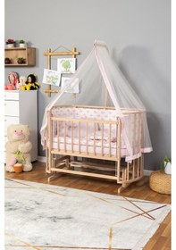 Resim Ahşap Beşik Anne Yanı Beşik Sallanır Beşik Organik Boyasız 60x120 - Pembe Balina Uyku Seti Yatak Ahşap 