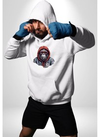 Resim Kırmızı Gözlük Çeket Maymun Kadın Erkek Beyaz Kapüşonlu Sweatshirt Hoodie Beyaz 