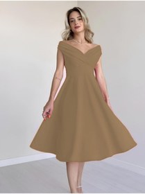 Resim Tua Moda Kadın Kısa Kollu Kruvaze Yaka Eteği Volanlı Krep Elbise Sütlü Kahverengi 