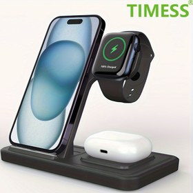 Resim TIMESS 3'ü 1 Arada Katlanabilir Hızlı Şarj İstasyonu, for iPhone 16/15/14/13/12/11/Pro/Max/Mini/Plus, X/XR/XS/SE/8/Plus, for iWatch 1-9, for AirPods 3/2/Pro için 15W Kablosuz Şarj Standı - USB-C Güçlü, Manyetik Şarjlı Kompakt Tasarım 