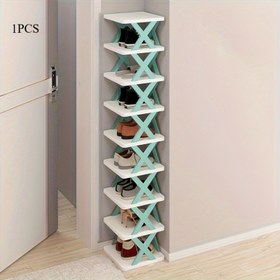 Resim 1 adet Yerden Tasarruf Sağlayan Katlanabilir Ayakkabı Rafı Çift Sıralı Tasarımıyla Karavanlar, Banyolar ve Yurtlar İçin - Dayanıklı Mavi PVC Plastik, Kompakt ve Taşınabilir Depolama Kutusu, Ayakkabı Depolama Organizatörü 
