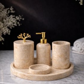 Resim Akm Dekor Bej 5'li Mermer Banyo Seti 