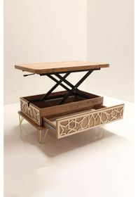 Resim Akıllı Açılabilir Sehpa 3 Kademeli Çekmeceli Gold Metal Ayaklı Çam 