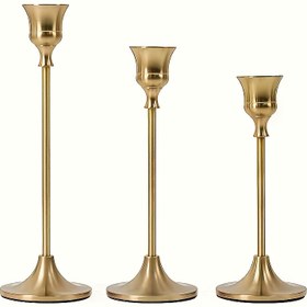 Resim 3 Altın Konik Şekilli Mum Tutucuları Seti, Vintage Dekoratif Merkezi Uygulamalar, Düğünler, Doğum Günleri, Cadılar Bayramı, Şükran Günü ve Noel Etkinlikleri İçin Uygun. 