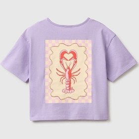 Resim United Colors Of Benetton Kız Çocuk Lila Ön Ve Arka Baskı Detaylı Boncuk İşlemeli Geniş Yaka T-shirt 6-14 Yaş -2862 
