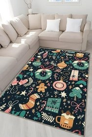 Resim rugs modern Çok Renkli Karma Noel Yılbaşı Figürleri Desenli Modern Dekoratif Halı 4814, 100 x 100 
