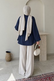 Resim Tesettür Diyarı Dekta Cotton Kumaş Broş Kemerli Tesettür Gömlek- Lacivert Standart (38-42 Uyumlu) 