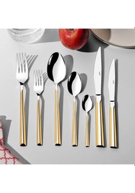 Resim Nehir Milano Altın Sade 12 Kişilik 89 Parça Kutulu Çatal Kaşık Bıçak Takımı Altın 