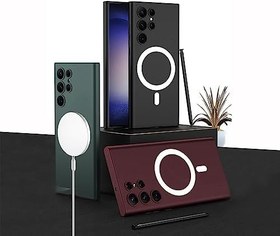 Resim Aksesuarcim Samsung Galaxy S23 Ultra Kılıf Wirelles Şarj Özellikli Kamera Lens Korumalı Sert Silikon Kapak Koyu Kırmızı 