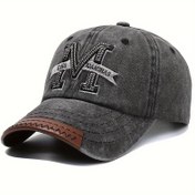 Resim 1 adet Vintage Yıkanmış Pamuklu Beyzbol Şapkası, Nakışlı "M" Harfi - Ayarlanabilir Snapback, Erkekler & Kadınlar için Hafif Güneş Şapkası, Siyah ile Kahverengi Bant, Ayarlanabilir Beyzbol Şapkası 