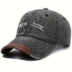 Resim 1 adet Vintage Yıkanmış Pamuklu Beyzbol Şapkası, Nakışlı "M" Harfi - Ayarlanabilir Snapback, Erkekler & Kadınlar için Hafif Güneş Şapkası, Siyah ile Kahverengi Bant, Ayarlanabilir Beyzbol Şapkası 