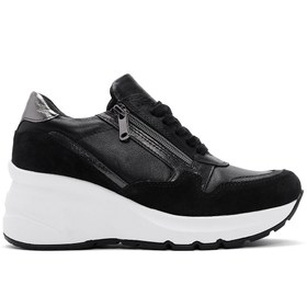 Resim Women's Black Lace-Up Zipper Detailed Wedge Heel Leather Sneakers 