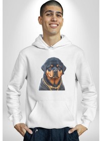 Resim Rottweiler Koca Kafa Puppy Kadın Erkek Beyaz Kapüşonlu Sweatshirt Hoodie Beyaz 