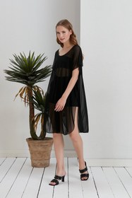 Resim Space Fashion Uzun Siyah Transparan Tül Deniz Çıkışı Pareo 