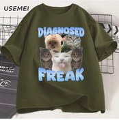 Resim Usemeı Freak Komik Kedi T-shirt Unisex Pamuk Rahat Yuvarlak Boyun Streetwearordu Yeşilerkek Ordu Yeşil 