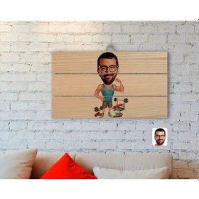 Resim Kişiye Özel Erkek Fitnesscı Karikatürlü Otantik Ahşap Palet Tablo 