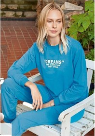 Resim ÇarşıNet | Kadın Sweatshirt Uzun Kollu Pamuklu Eşofman Takımı Mavi 