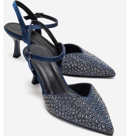 Resim Luvishoes Vilka Lacivert Saten Taşlı Kadın Sivri Burun İnce Topuklu Abiye Ayakkabı 