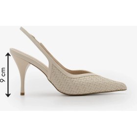 Resim Marjin Kadın Stiletto Sivri Burun Arkası Açık Örgü Desen Atkılı Topuklu Ayakkabı Vigesa Ekru 