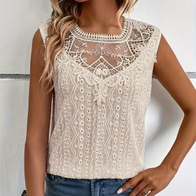 Resim Şık Çiçekli Dantel Aplike Kolsuz Yelek - Yarı Şeffaf Esnek Polyester-Spandeks Karışımı, Yuvarlak Yaka Hafif Üst İlkbahar Yaz Sonbahar için, Makinede Yıkanabilir Günlükten Resmi Giyime Uygun 