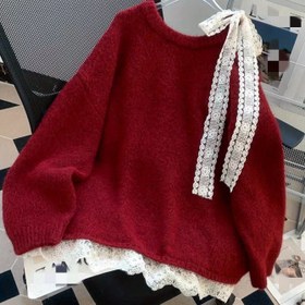 Resim Kadınlar için Şık Dantel Süslemeli ve Fiyonk Detaylı Kazak Ceket - Bordo & Beyaz Kontrast Yuvarlak Yaka, Sonbahar Kış Mevsimi İçin Orta Esneklikte Elde Yıkanabilir Kazak Ceketi, Günlük ile Yarı Resmi Kıyafetler 