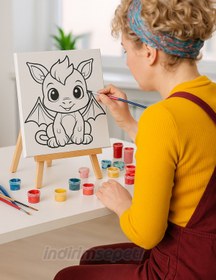 Resim Çocuklar İçin 20x20 cm Çizimli Tuval Boyama Seti – Ahşap Şövale, 6 Renk 3 ml Boya ve Düz Fırça Dahil 