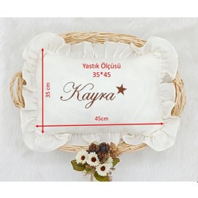 Resim Gros Shop %100 Pamuk Müslin Kumaş Fırfırlı Takı Yastığı Kılıfı 35 45 Kişiye Özgü İsimli Nakış Desenli Ekru 