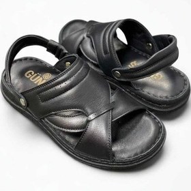 Resim İçi Dışı Hakiki Deri Ortopedik Hac Umre Sandalet Terlik Siyah 