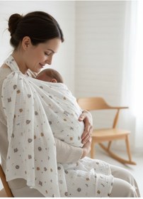 Resim %100 Pamuklu Organik 4 Katlı Baskılı Müslin Kutulu Emzirme Örtüsü & Puset Örtüsü 