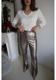 Resim Paçası Yırtmaçlı Deri Pantolon - Gri Renk-401 Gri 