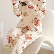 Resim Sevimli Ayı ve Harf Baskılı Pijama Takımı, Uzun Kollu Yuvarlak Yaka Üstü ile Elastik Pantolonlu Kadın Uyku Giysisi ve Ev Giyimi 