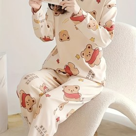 Resim Sevimli Ayı ve Harf Baskılı Pijama Takımı, Uzun Kollu Yuvarlak Yaka Üstü ile Elastik Pantolonlu Kadın Uyku Giysisi ve Ev Giyimi 