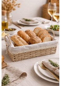 Resim Bambu Ekmek Sepeti, 31x20x10 Cm, Dantelli Çiçek Desenli Kumaş, Metal Çerçeve Kahverengi 
