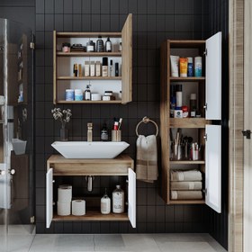 Resim Lavabolu Banyo Dolabı 3lü Set - Atlantic - 85 CM / Atlas Çam-Antrasit 