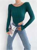 Resim Esram Butik Yeşil Crop Çizgili Triko Kazak 