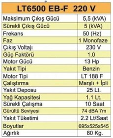 Resim Genel Markalar Lt6500 Eb-f Jeneratör 5,5 Kva Marşlı Monofaze Bugun Krg 