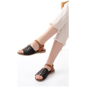 Resim 205-029 Siyah Ortopedik Hakiki Deri Kadın Sandalet Bej 