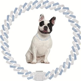Resim Parlak Kristal Pet Kolyesi ile Küba Zinciri Kolye - 15mm Ayarlanabilir Güvenli Flip Kilit Kapatma, Geometrik Desen, Dayanıklı Metal ve Çinko Alaşımı, Küçük ve Orta Boy Köpekler ve Kediler için İdeal, Ayarlanabilir Pet Kolyesi 