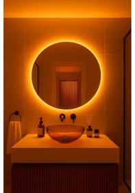 Resim Digital Hayat Amber Led Işıklı Yuvarlak Ayna Dekoratif Banyo Makyaj Aynası Koyu Sarı Sarı 