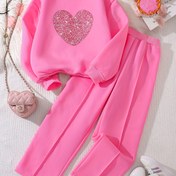 Resim 2'li Kız Çocuk Polar Astarlı Kalp Şekilli Kapüşonlu ve Düz Paça Pantolon Takımı - Yumuşak Pembe & Sarı Kombin, Günlük Oyun Kıyafeti, Sıcak ve Rahat Kışlık, Kalp Kesikli Uzun Kollu Kazak, Gençler İçin Mükemmel Hediye, Dış Mekan İçin 