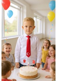 Resim Ayyıldız Baskılı Çocuk Kravat Kırmızı 