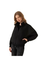 Resim Kadın Dik Yaka Su Ve Rüzgar Geçirmez Oversize Crop Mevsimlik Yağmurluk Rüzgarlık-60 Siyah 