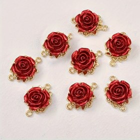 Resim 8 Adet Kırmızı & Altın Renkli 5 Yapraklı Reçine Gül Çiçek Aksesuarları, Takı Yapımı için Altın Kapaklı Kolye Küpe Anahtarlık Süsleri, DIY Takı Malzemeleri 