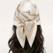 Resim Elegant Bohemian Chic Beige Square Scarf ile Altın Zincir Baskısı - Çok Yönlü Boyun Bağlama, Saç Aksesuarı ve Rahat Kıyafet, Saç için Moda Eşarp 