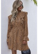 Resim Kadın Uzun Kollu Yaka Ve Sırt Fırfır Detay Mikro Mini Boy Elbise Leopar 